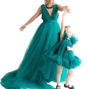 Green Layered Dresses For Mother-Daughter Twinning Photoshoot