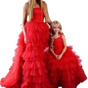 Red Multi Layered Dress For Mother-Daughter Twinning Photoshoot