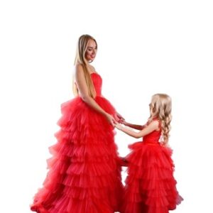 Red Multi Layered Dress Baby Pink Gowns For Mother-Daughter Twinning Photoshoot