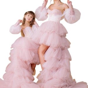 Off Shoulder Pink Dresses For Mother-Daughter Twinning Photoshoot