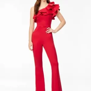 Red One Off Shoulder Ruffle Jumpsuit